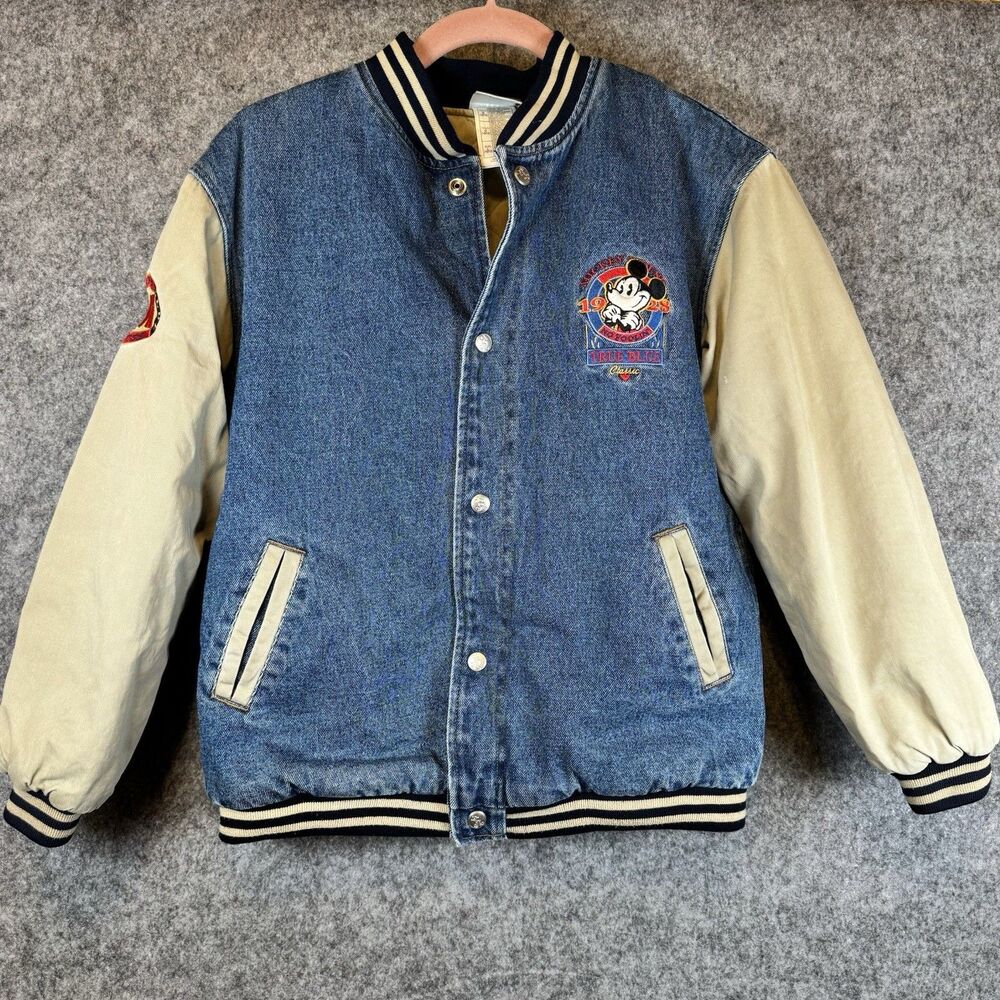Disney Mickey Mouse Denim Varsity Jacket Youth 10/12 Embroidered Snap Coat